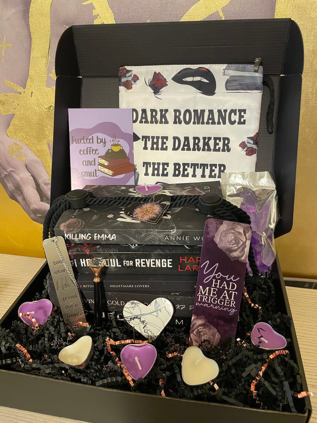 6) Dark Romance Variety Box includes books, bookish gear, accessories, candles, and more! Options at checkout. *you may let us know authors/books you've already read via checkout notes.